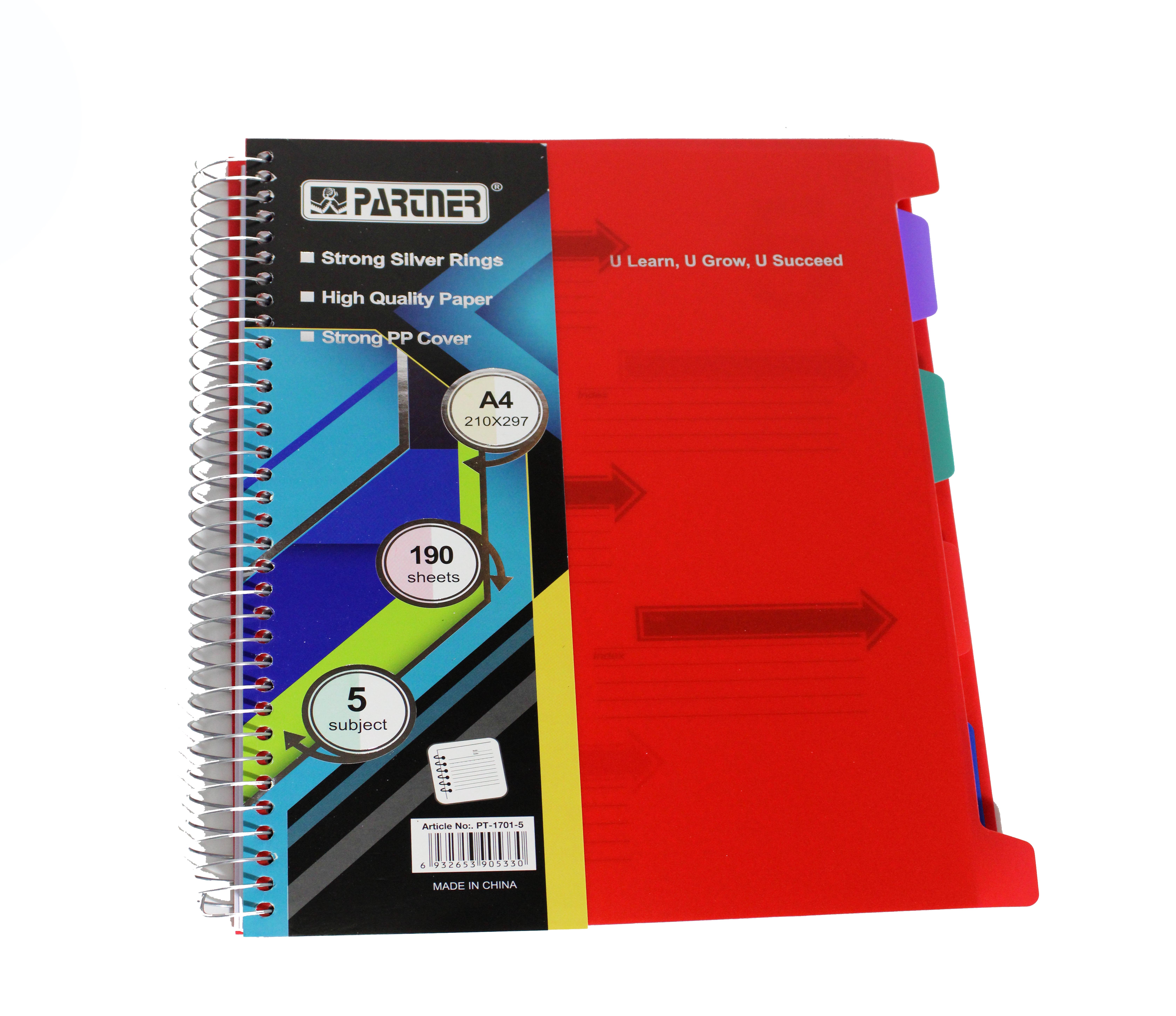 PARTNER 5 SUBJECT A4 SIZE 210*297 190 SHEETS STRONG SILVER RINGS, HIGH QUALITY PAPER,STRONG PP COVER