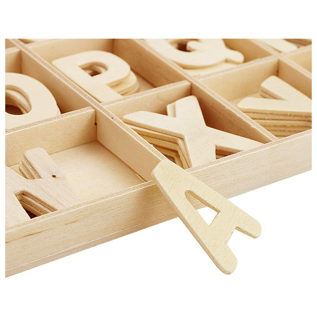 Wooden Craft Letters with Wood Storage Tray Set,Natural Blank Unfinished Wooden Alphabet Letters for Kids Learning Gift,Home Decoration